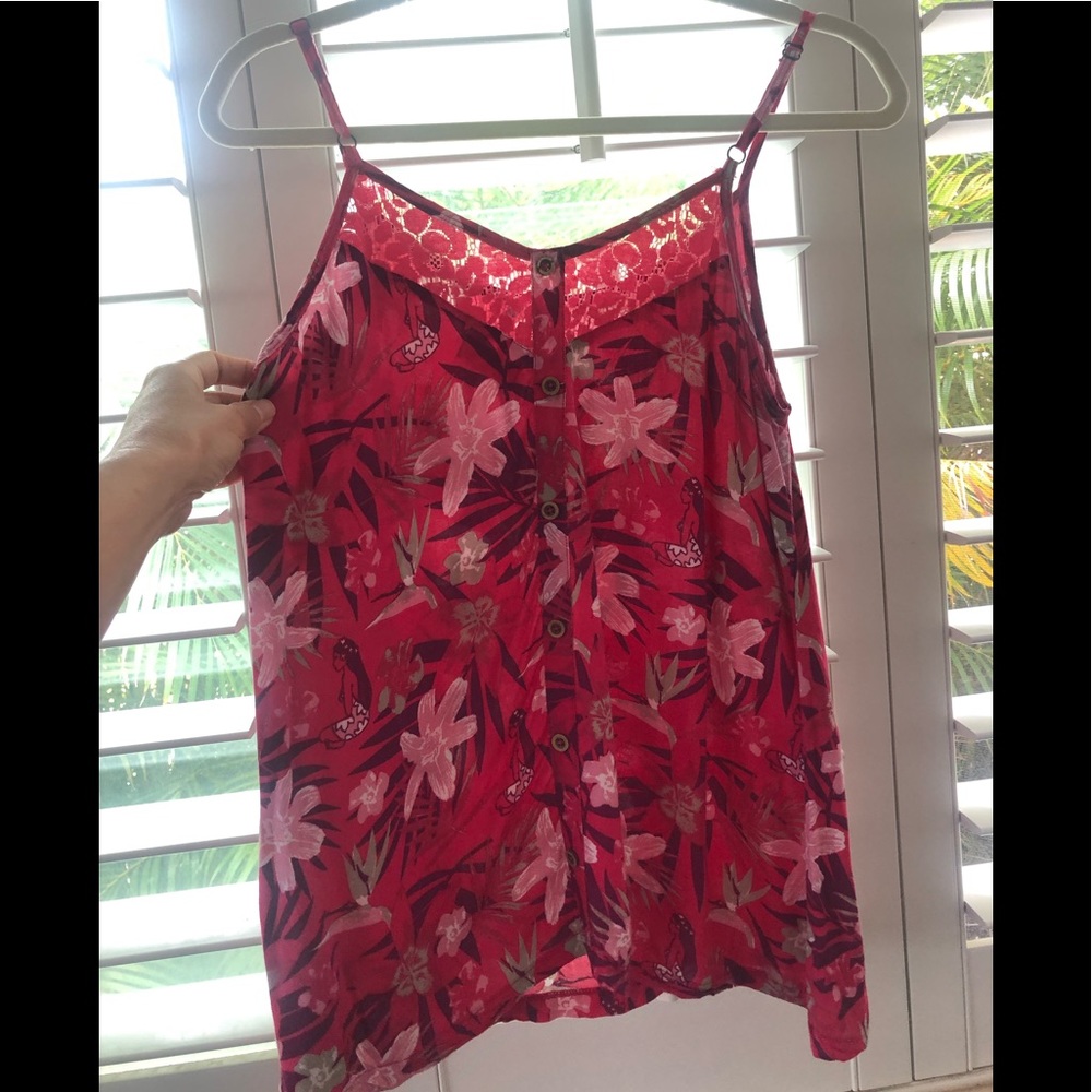 3/$20-Hinano Women’s Tropical Floral lace trim Tank top